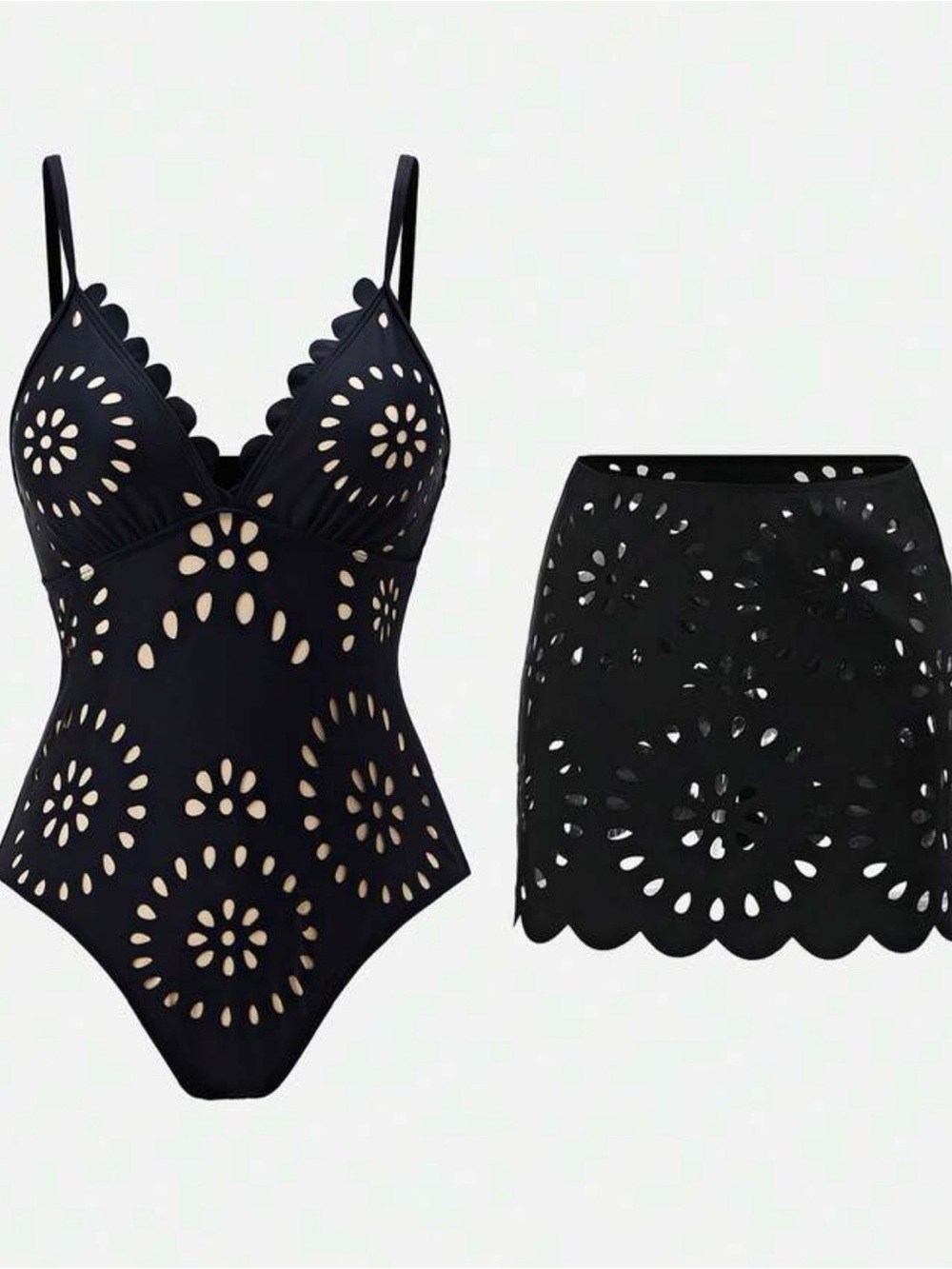 SHEIN Black Laser-Cut One-Piece Swimsuit with Skirt Cover-Up